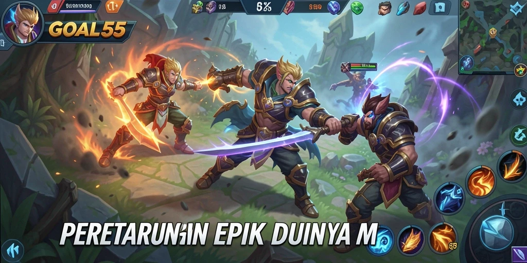 Tampilan pertarungan epik dalam gameplay MOBA GOAL55.