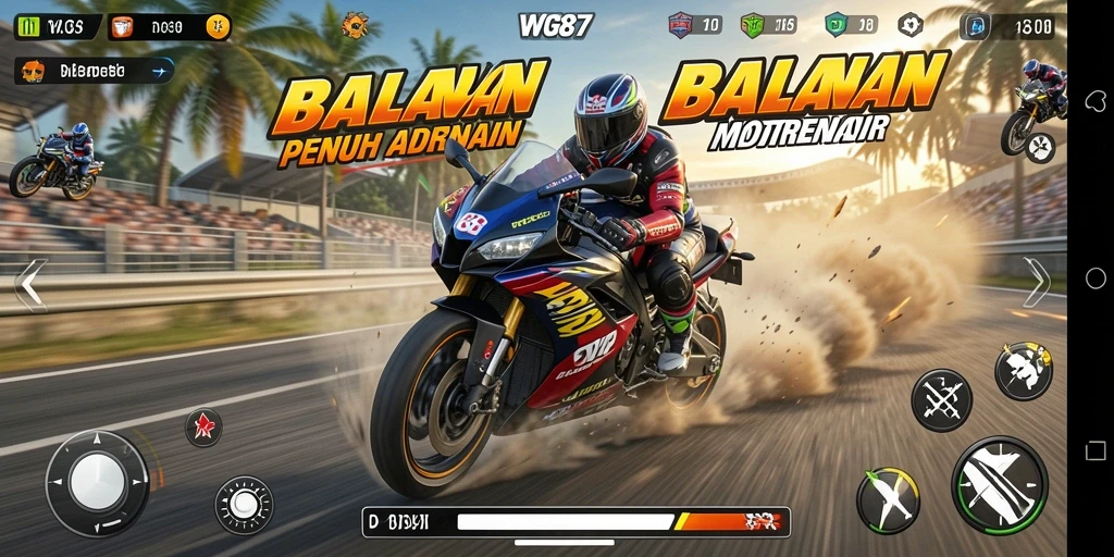 Gameplay WG87 yang seru dengan balapan motor yang mendebarkan.